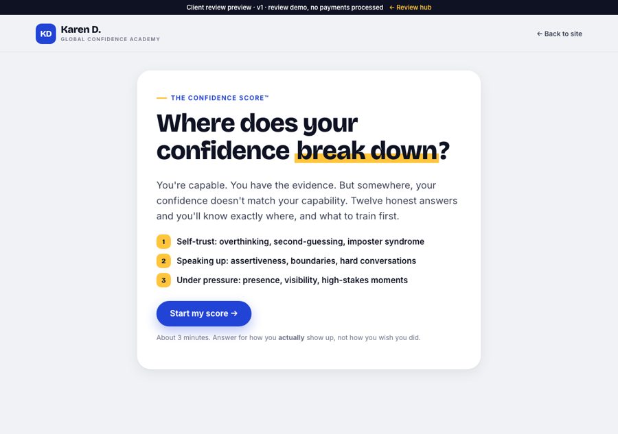 Confidence Score quiz start screen